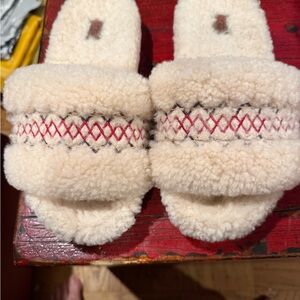 UGG Cream Shearling Slide Slippers with Red Accent Stitching